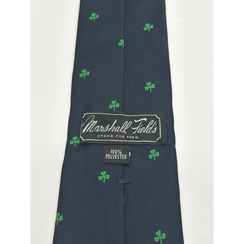 Vintage Marshall Fields Mens Navy Blue Green Shamrock Clover Polyester Tie USA